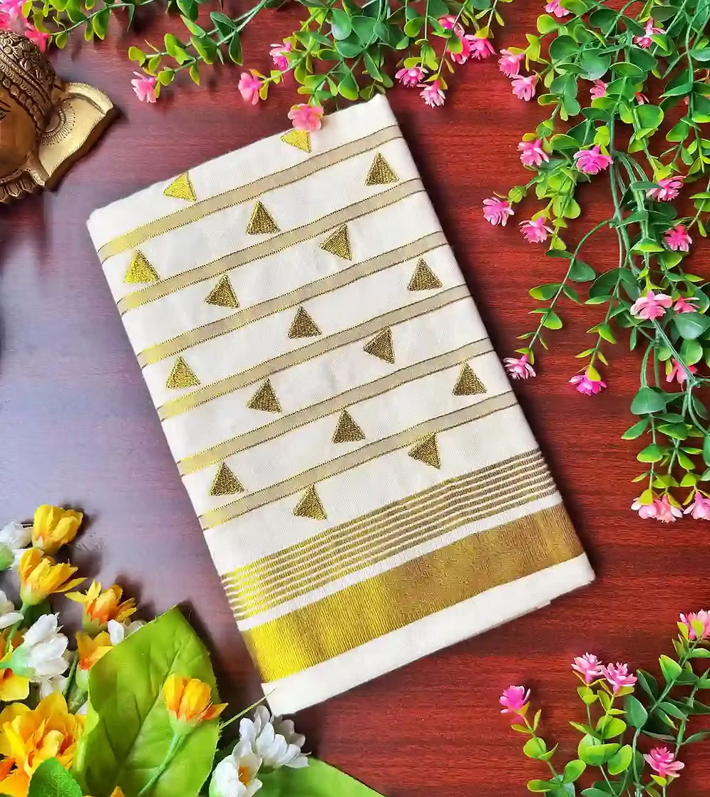 Triangle Golden Zari Premium Kasavu Balaramapuram Saree with Blouse