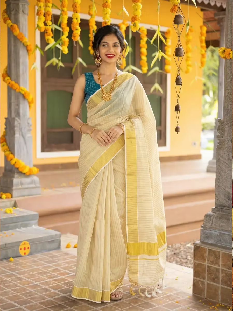 Premium Golden Block Designer Stripe Pallu Tassel Tissue Saree