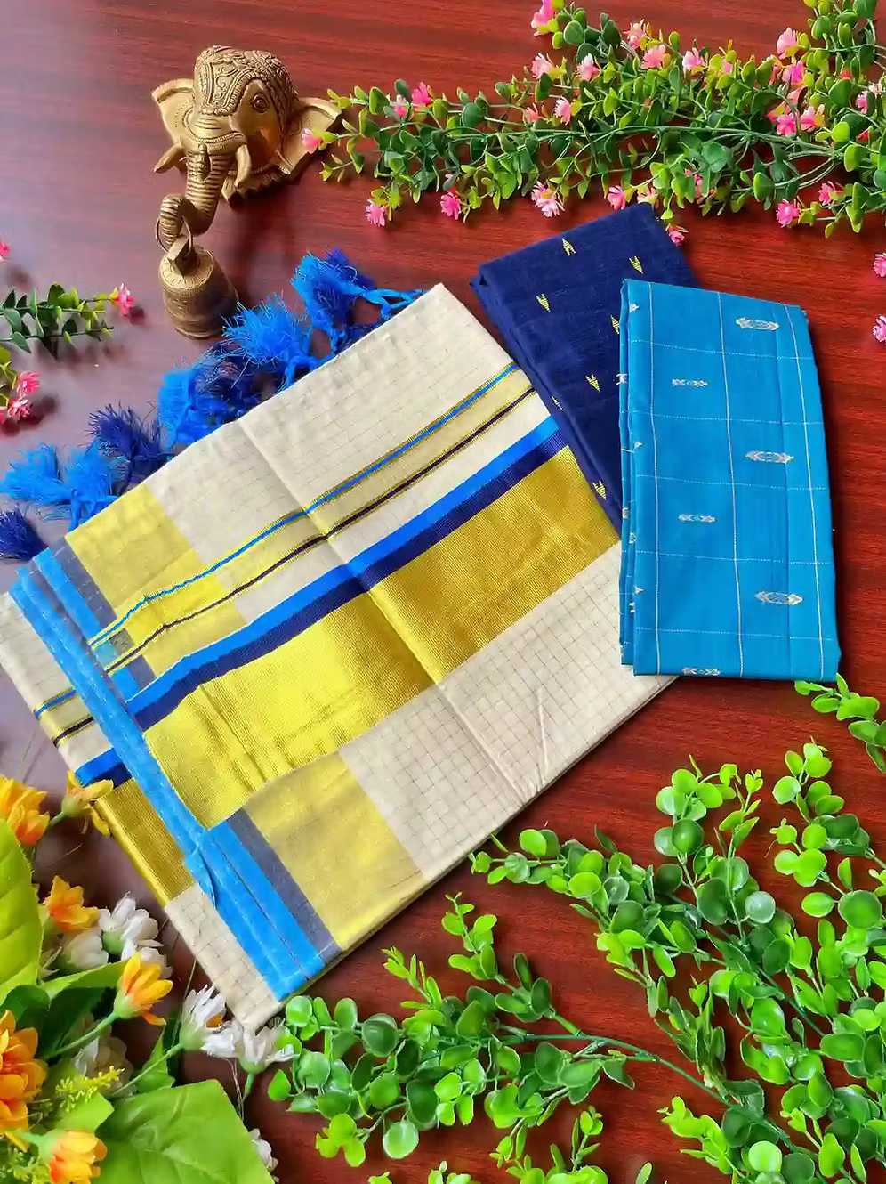 Dual Blue Chhota Block Tussel Tissue Kasavu Saree with Blouse