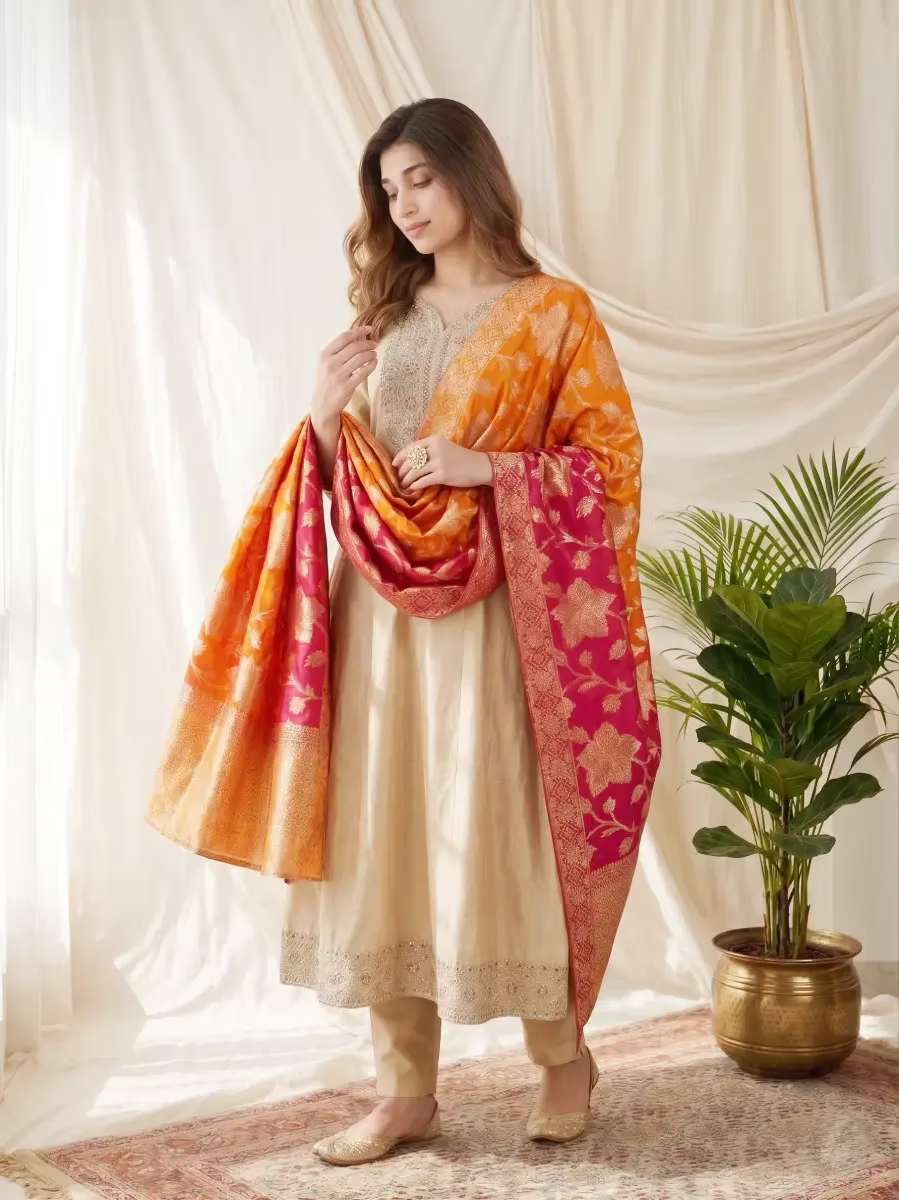 Beige Zari Embroidery Banarasi Kasavu Anarkali