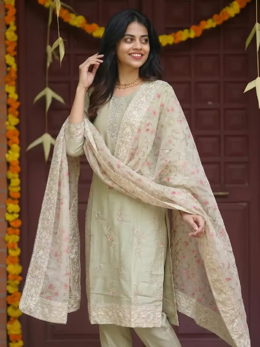 Sage Green Chanderi Silk Kurta Set with Floral Embroidery & Organza Dupatta