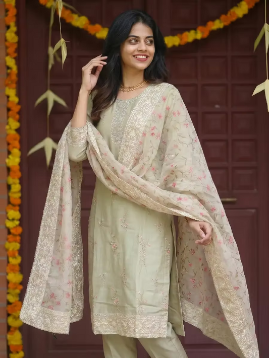 Sage Green Chanderi Silk Kurta Set with Floral Embroidery & Organza Dupatta