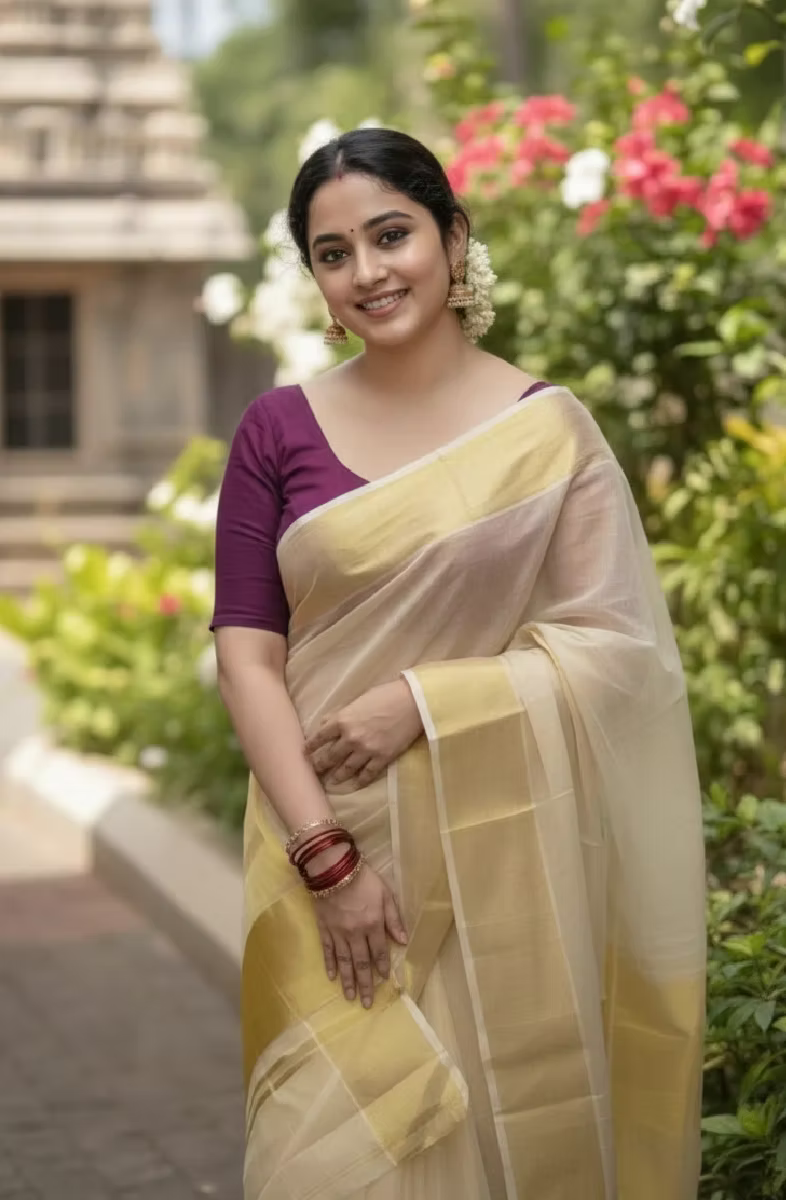 5-Inch Premium Golden Tissue Kasavu Set Saree