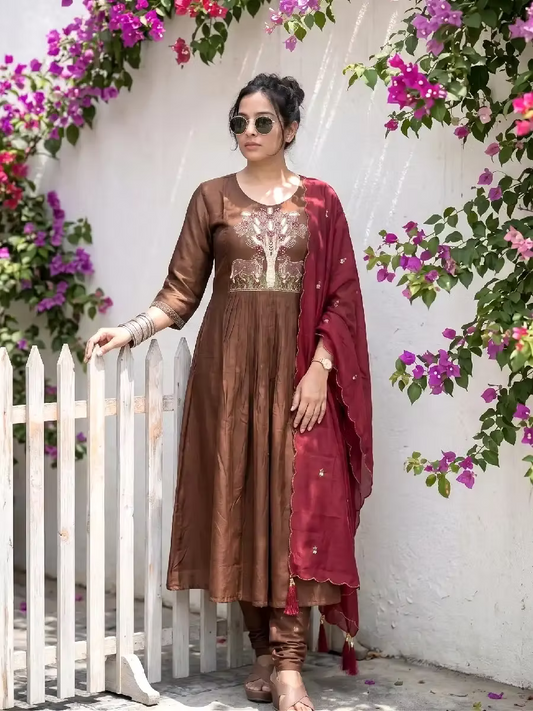 Chocolate Brown Silk Anarkali Kurta Set with Pichwai Embroidery & Duppatta