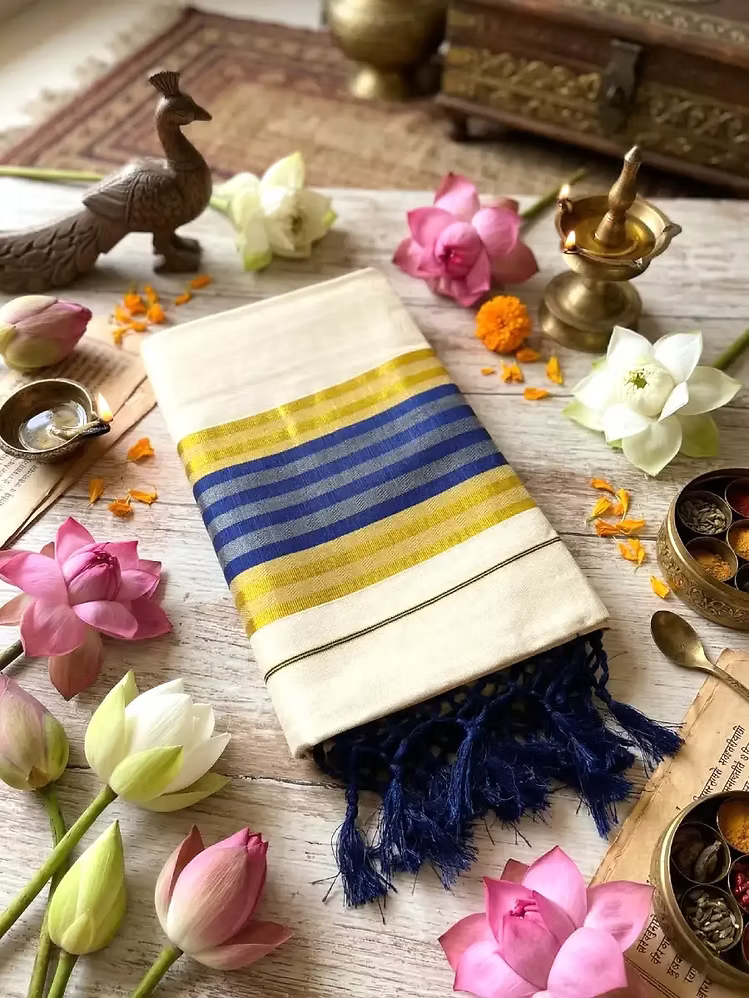 Kasavu Tissue Saree with Berry Blue Border & Stripes