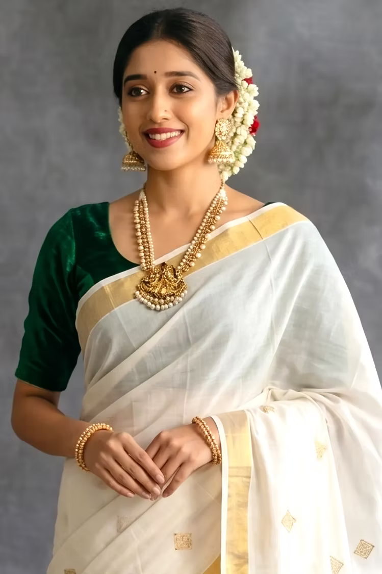 Golden Diamond Embroidery Cotton Kerala Kasavu Saree