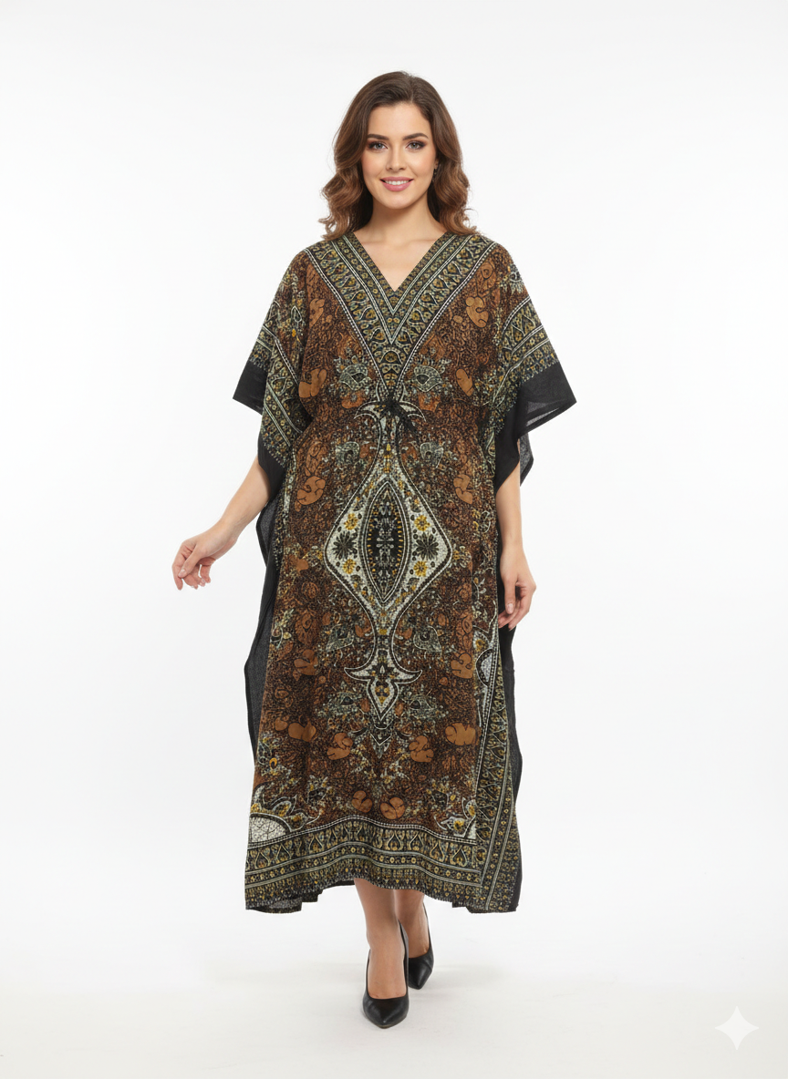 Bronze Earth Artisanal Paisley Drawstring Kaftan | Beach Wear — GLAMOURA-X