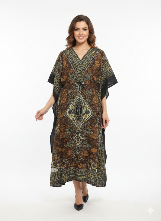 Bronze Earth Artisanal Paisley Drawstring Kaftan | Beach Wear — GLAMOURA-X