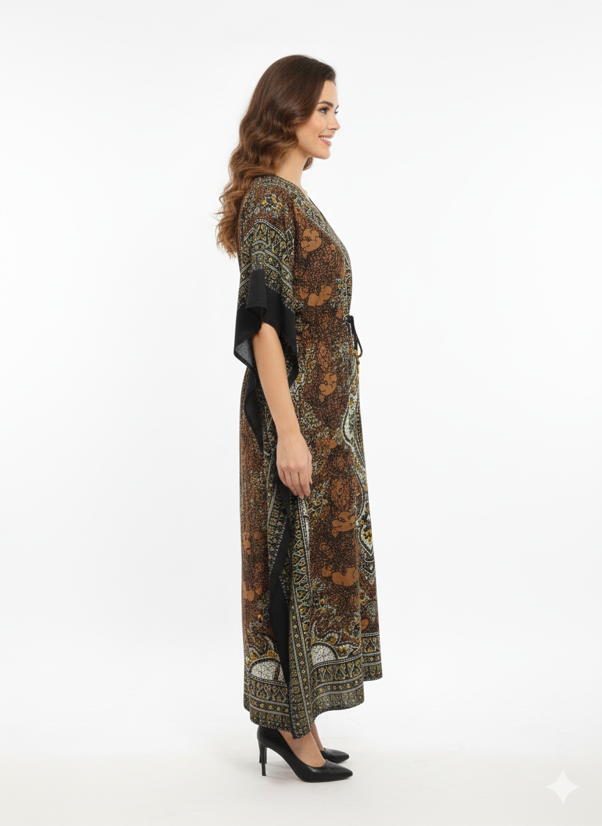 Bronze Earth Artisanal Paisley Drawstring Kaftan | Beach Wear — GLAMOURA-X