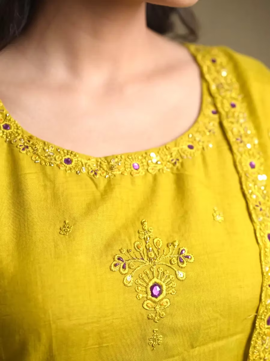 Lime Green Silk Blend Kurta Set with Dupatta & Pant