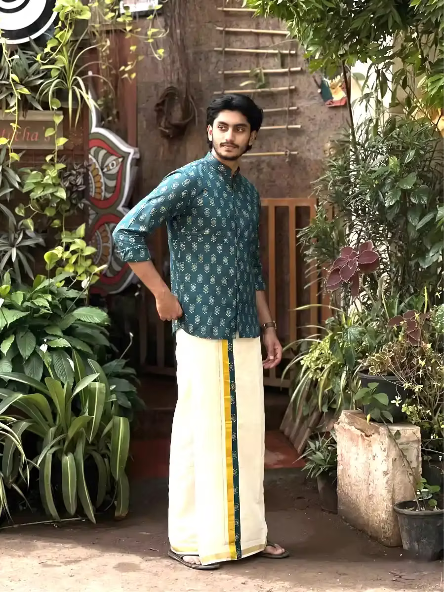 Deep Teal Blue Ajrak Shirt & Mundu Combo