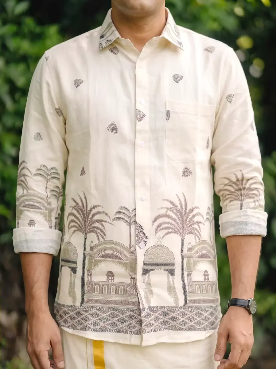 Ivory White Heritage designer Cotton Shirt and Kasavu Mundu Dhoti Combo