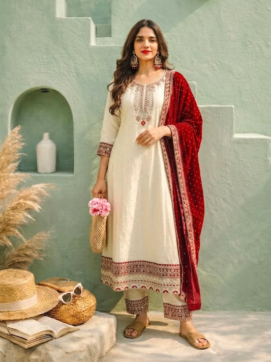Pearl White Floral Embroidered Anarkali Kurta Set with Ruby Red Dupatta