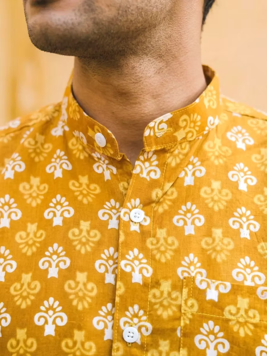 Mustard Yellow Classic Motif Ajrakh Shirt and Kasavu Mundu Dhoti Combo
