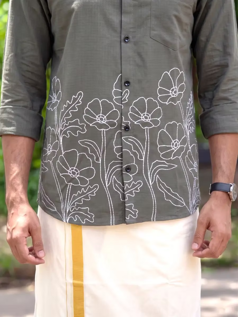 Olive Grey Grove Outline Cotton Shirt and Kasavu Mundu Dhoti Combo