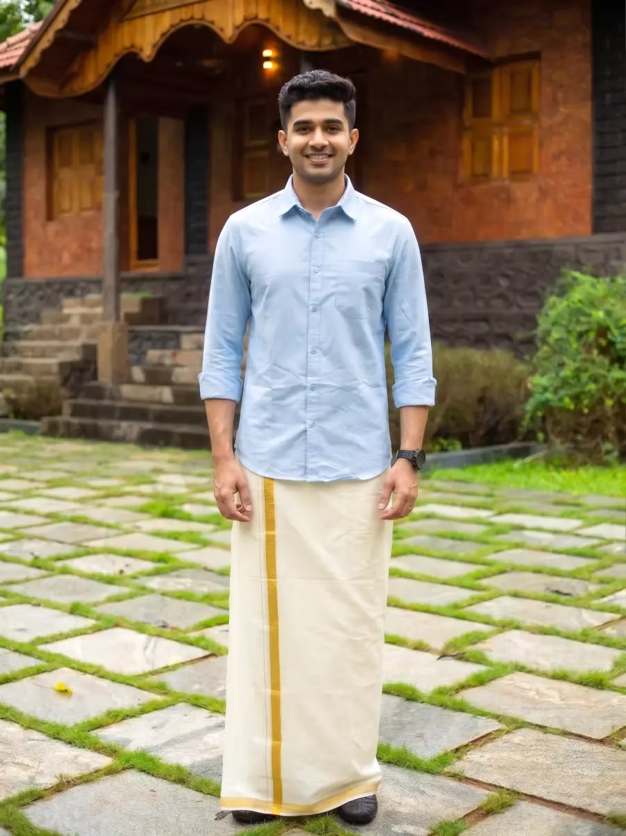 Sky Blue Shirt and Kasavu Mundu Dhoti Combo Set