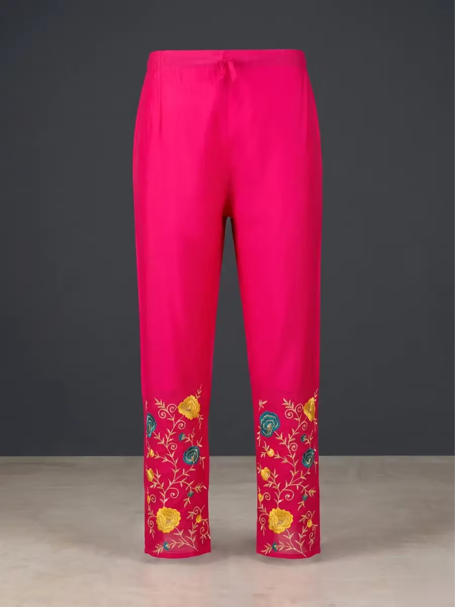 Mustard Yellow Festive Kurta Set with Pink Banarasi Dupatta & Embroidered Pants