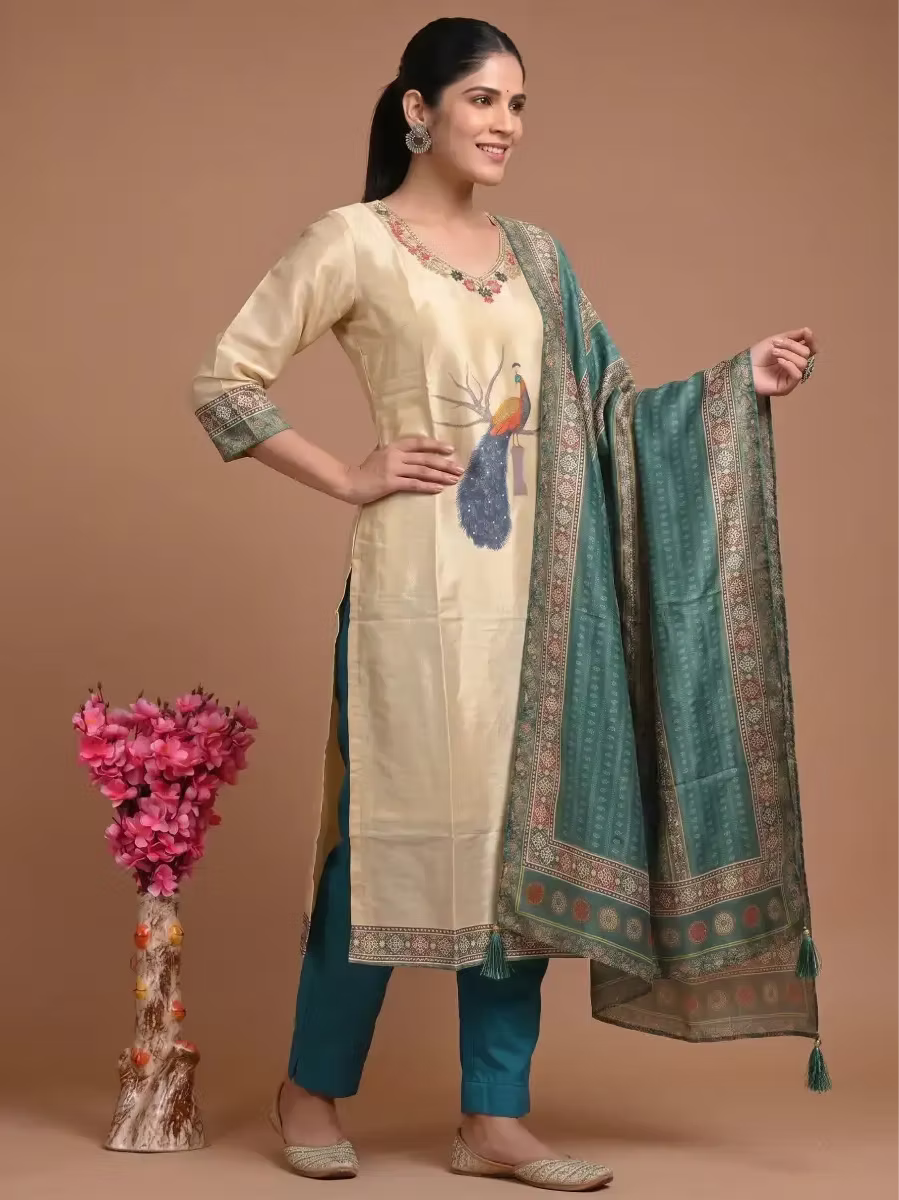 Mayur Cream Embroidered Kurti Set with Peacock Design & Teal Dupatta & Bottom