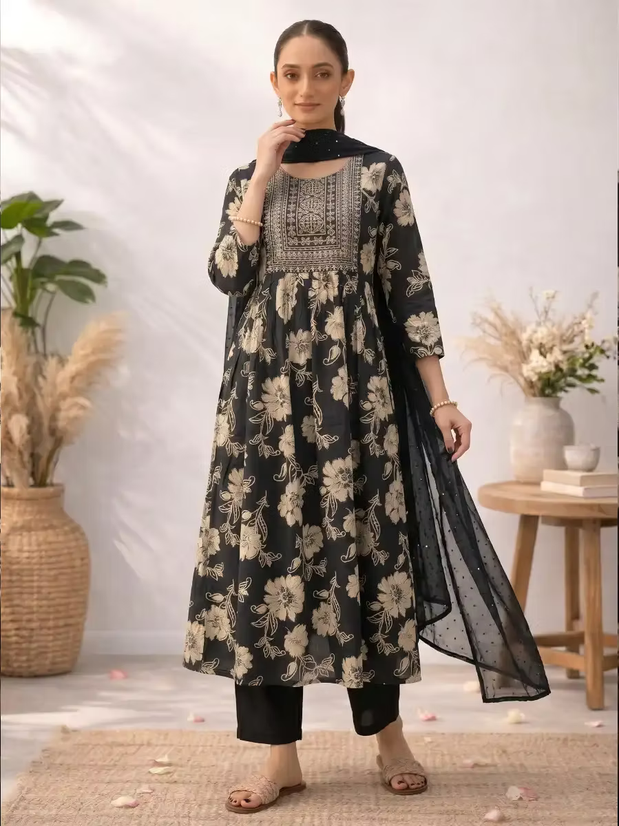 Black Floral Anarkali Kurta Suit Set with Dupatta