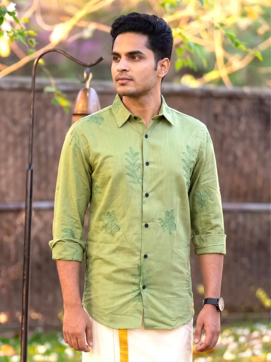 Sage Green Leaf Embroidered Cotton Shirt and Kasavu Mundu Dhoti Combo