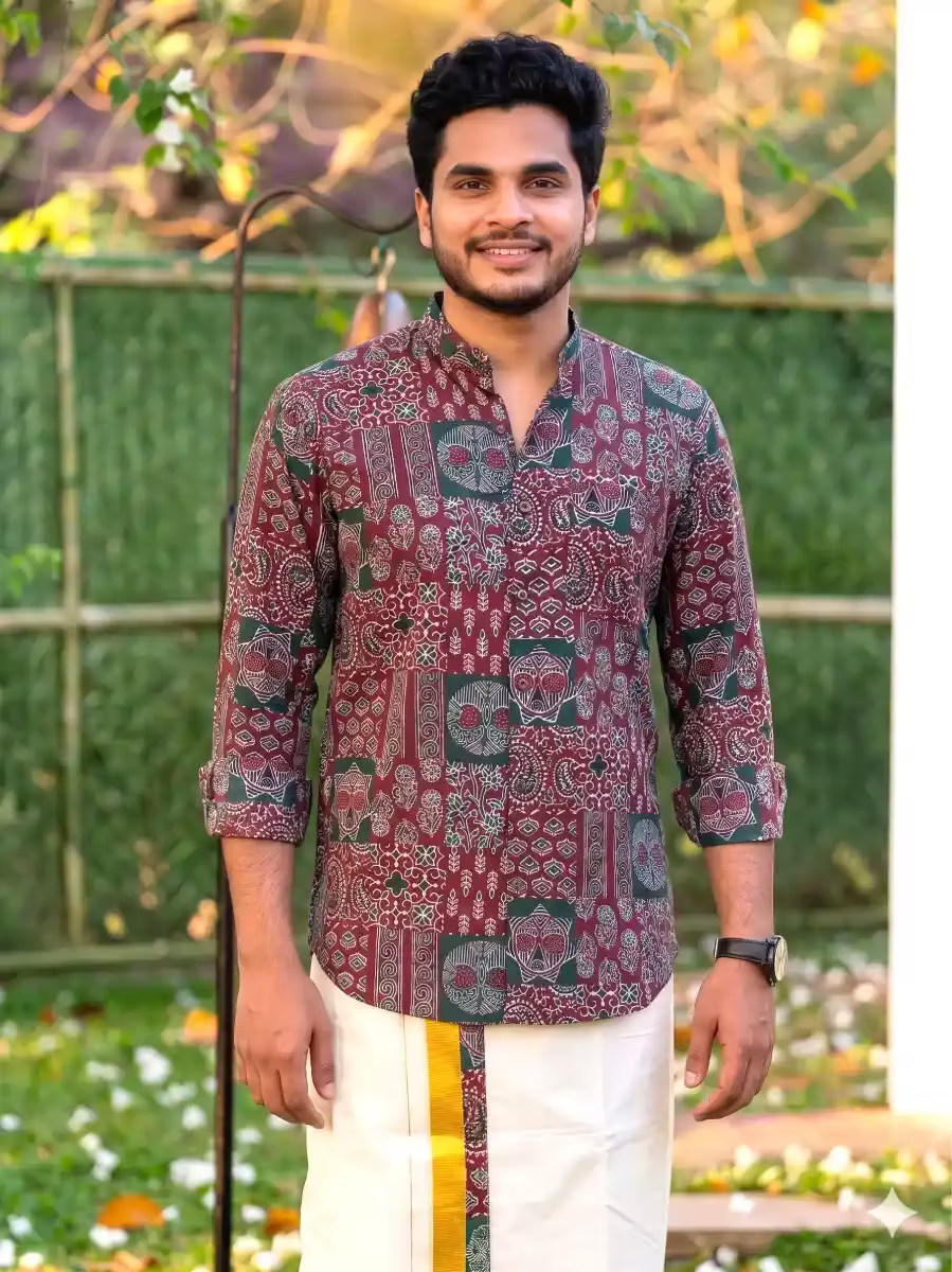 Maroon & Green Ajrakh Shirt and Kasavu Mundu Dhoti Combo Set