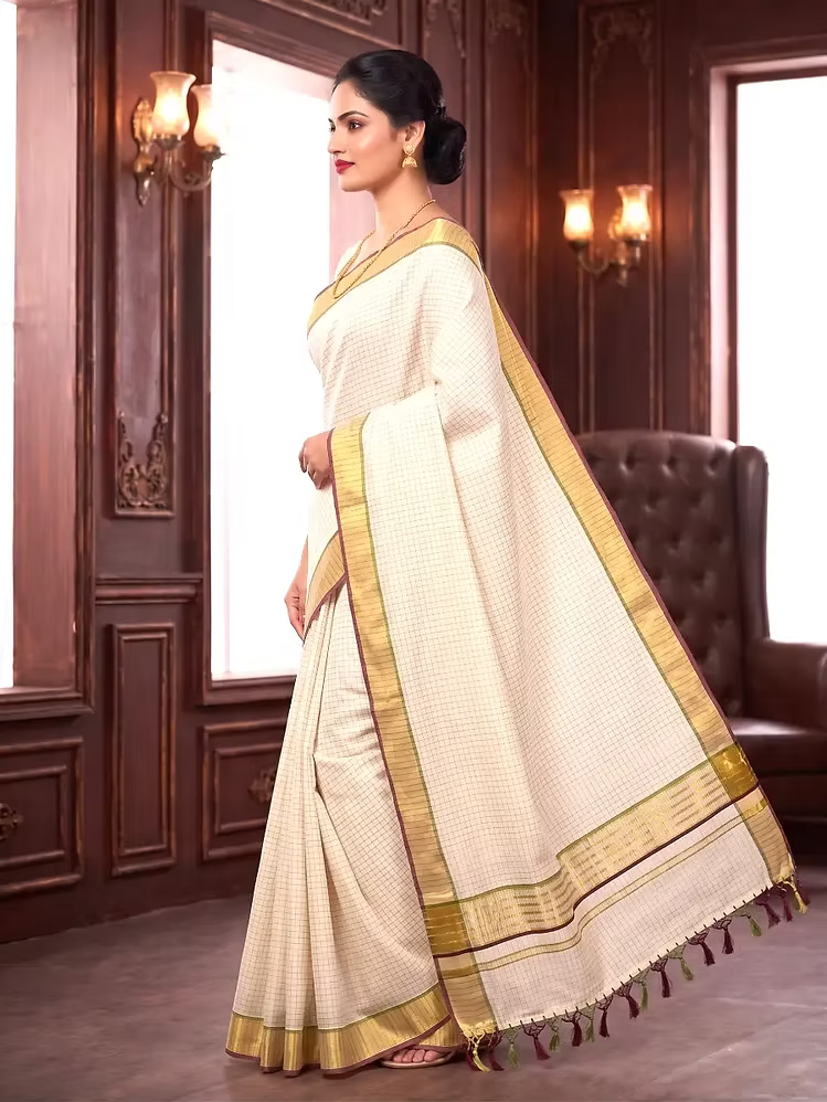 Micro Checks Cotton Kasavu Saree with Maroon & Pea Green Border