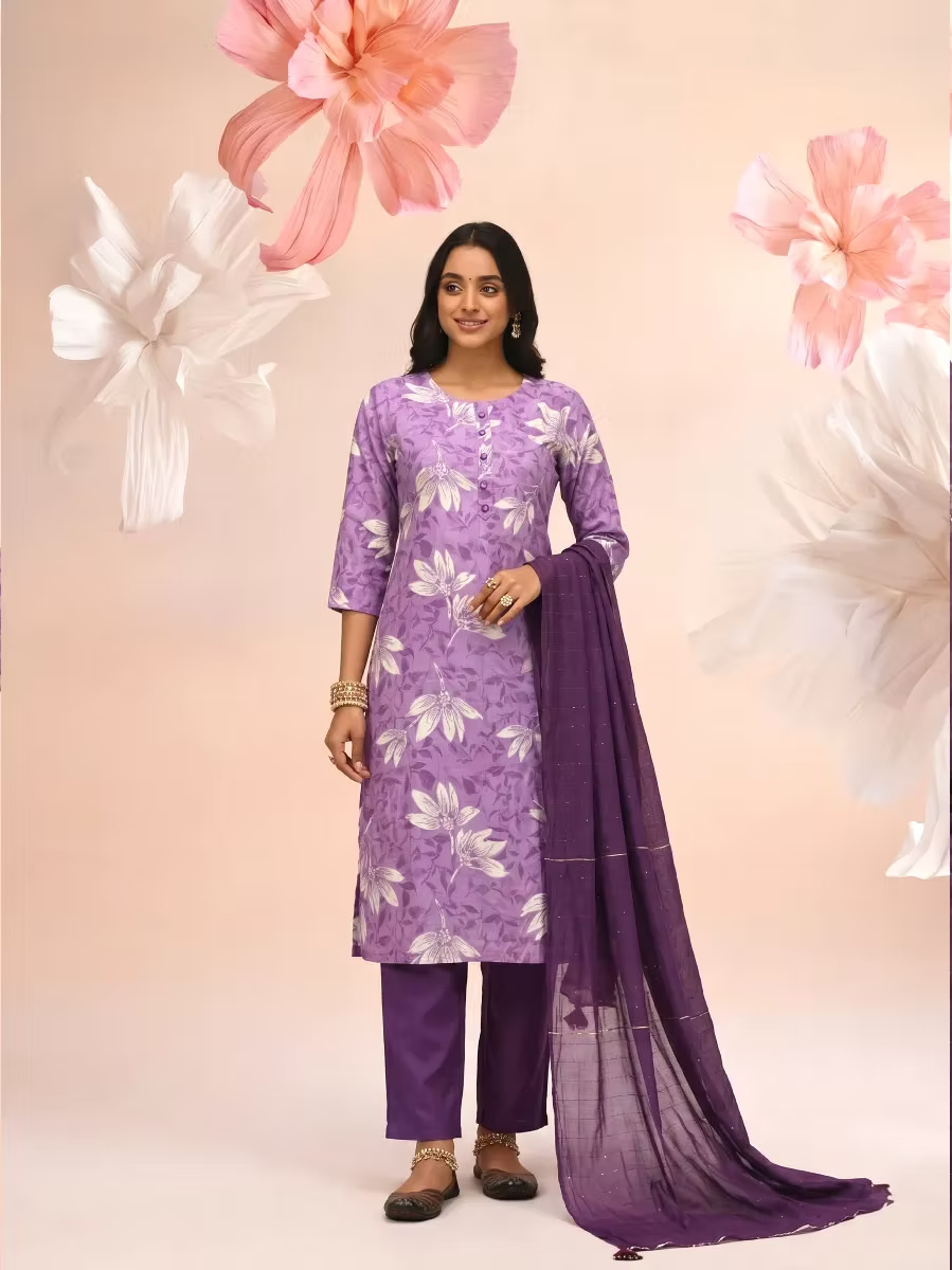 Women Purple Floral Print Regular Kurta Pant Set With Dupatta