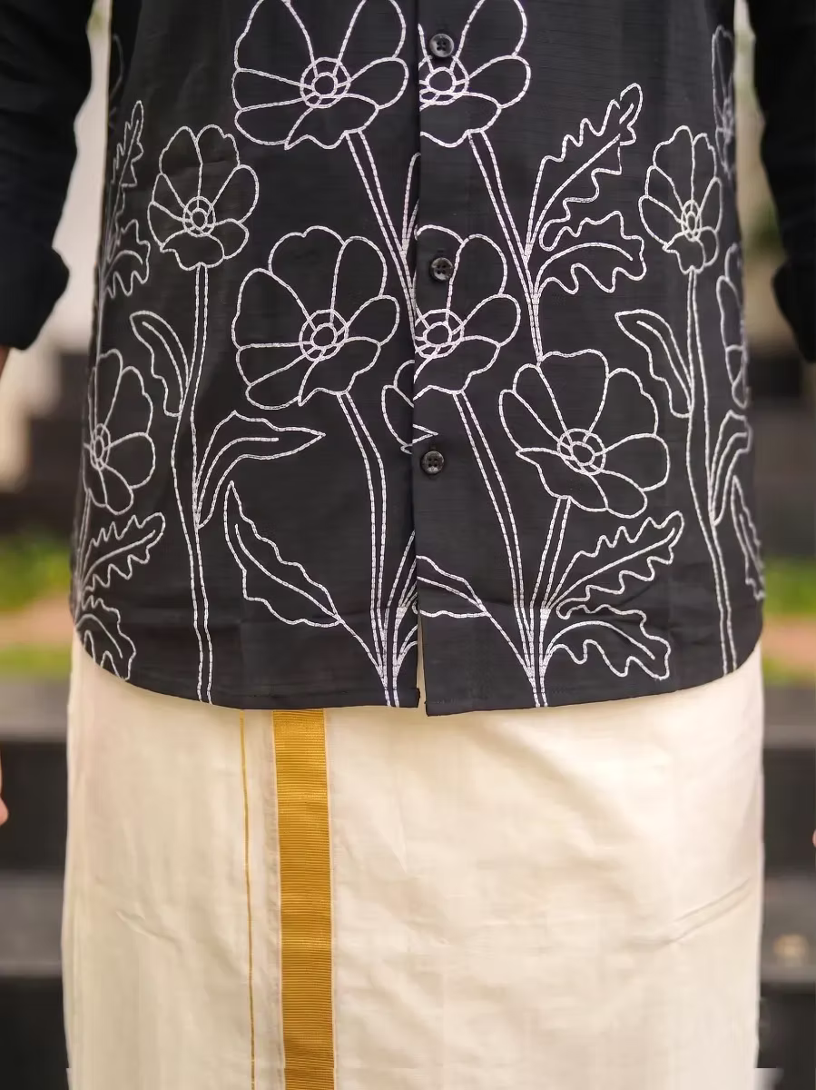Black Vine Outline Cotton Shirt and Kasavu Mundu Dhoti Combo