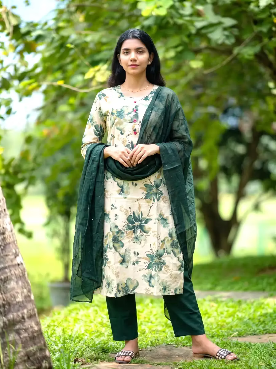 Olive Green Floral Viscose Rayon Kurta Set with Dupatta