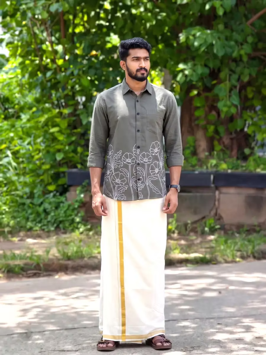 Olive Grey Grove Outline Cotton Shirt and Kasavu Mundu Dhoti Combo