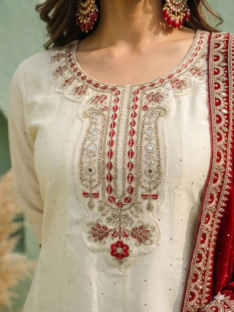 Pearl White Floral Embroidered Anarkali Kurta Set with Ruby Red Dupatta