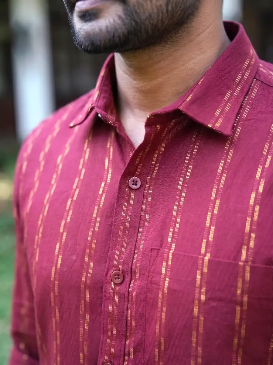 Deep Maroon & Golden Linear Cotton Shirt and Kasavu Mundu Dhoti Combo