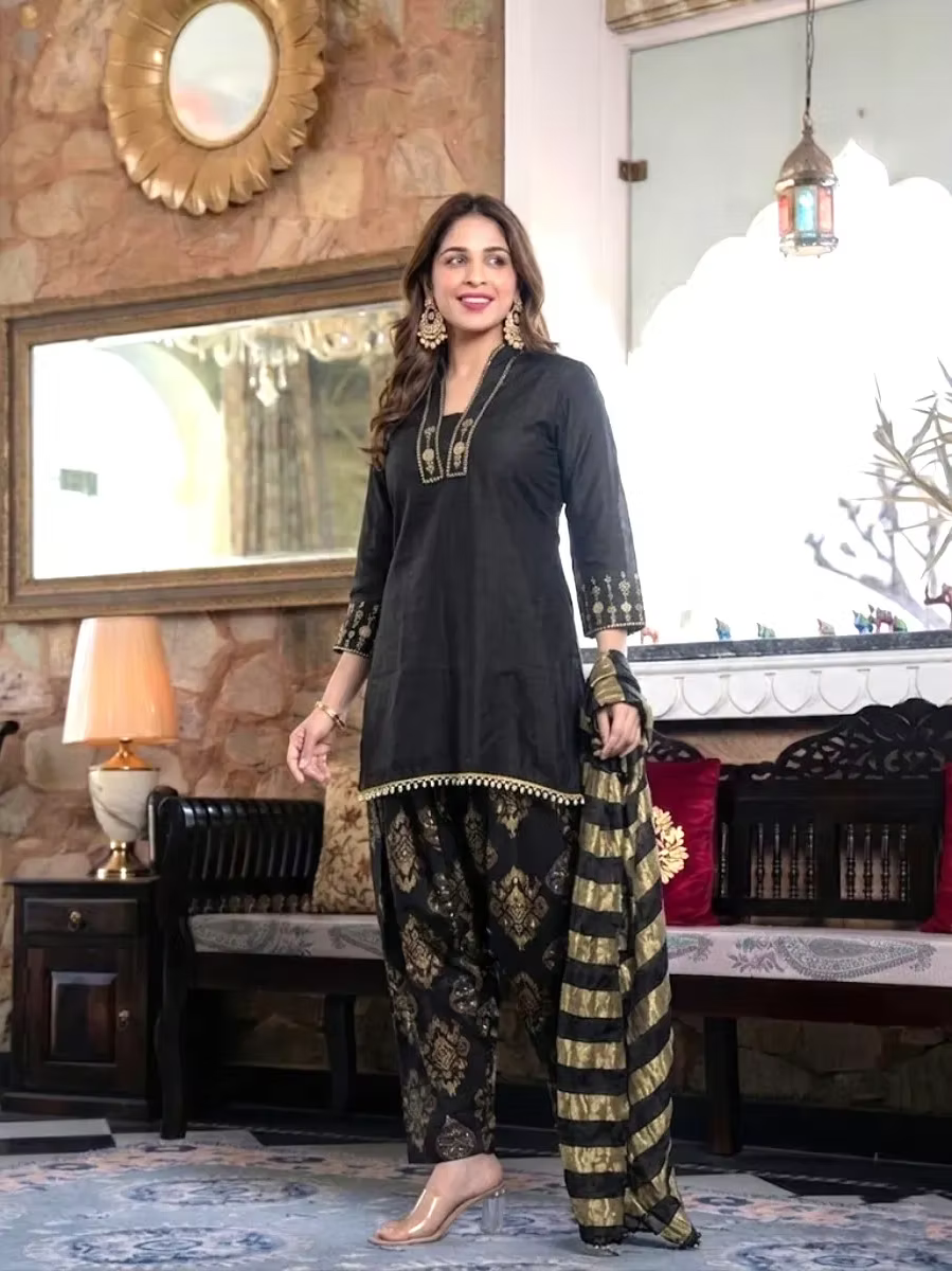 Black Embroidered Kurta Set with Foil Printed Palazzo & Golden Striped Dupatta