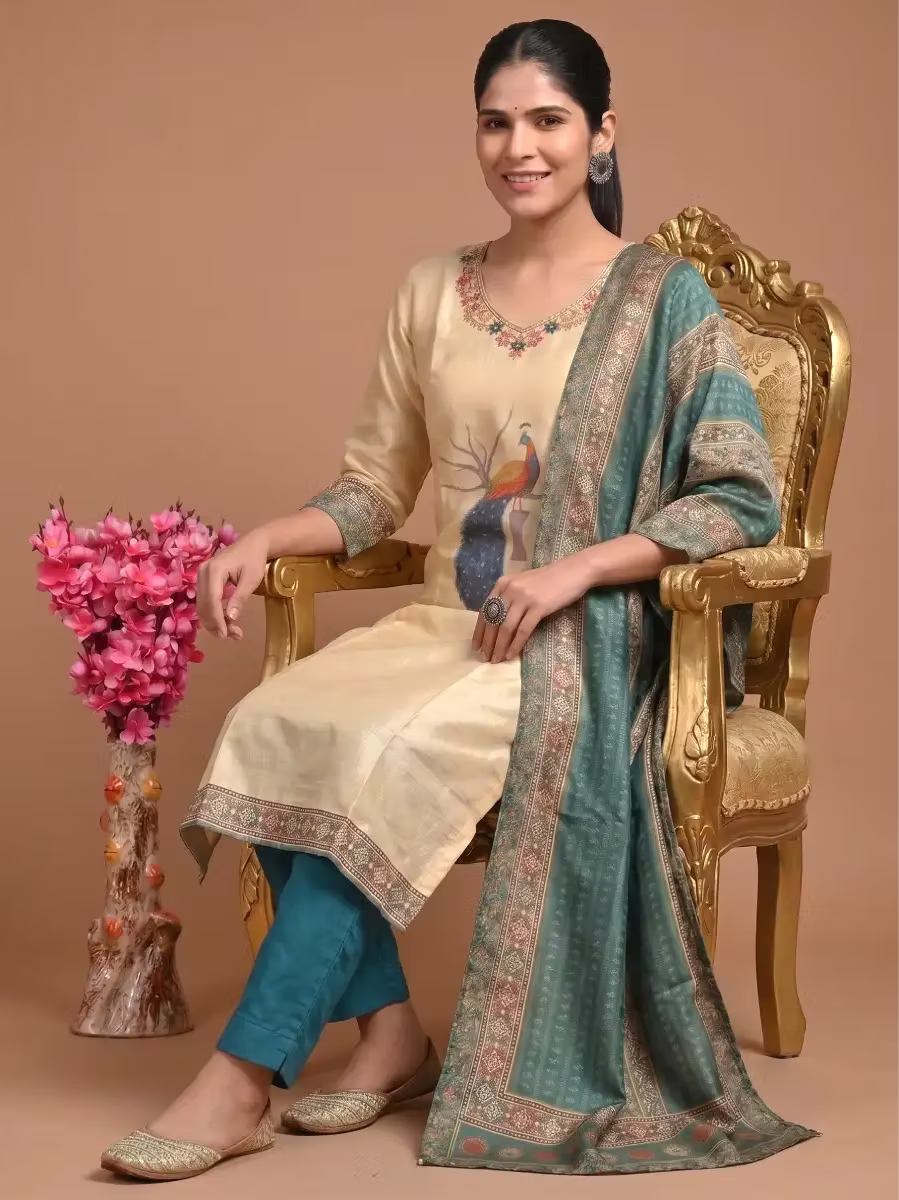Mayur Cream Embroidered Kurti Set with Peacock Design & Teal Dupatta & Bottom