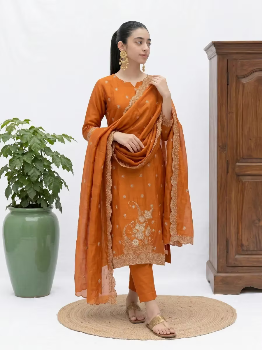 Rust Orange Embroidered Kurta Set with Scalloped Dupatta