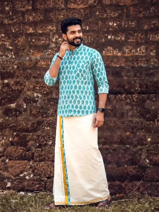 Turquoise Mango Ajrak Shirt &amp; Kasavu Mundu Dhoti Combo