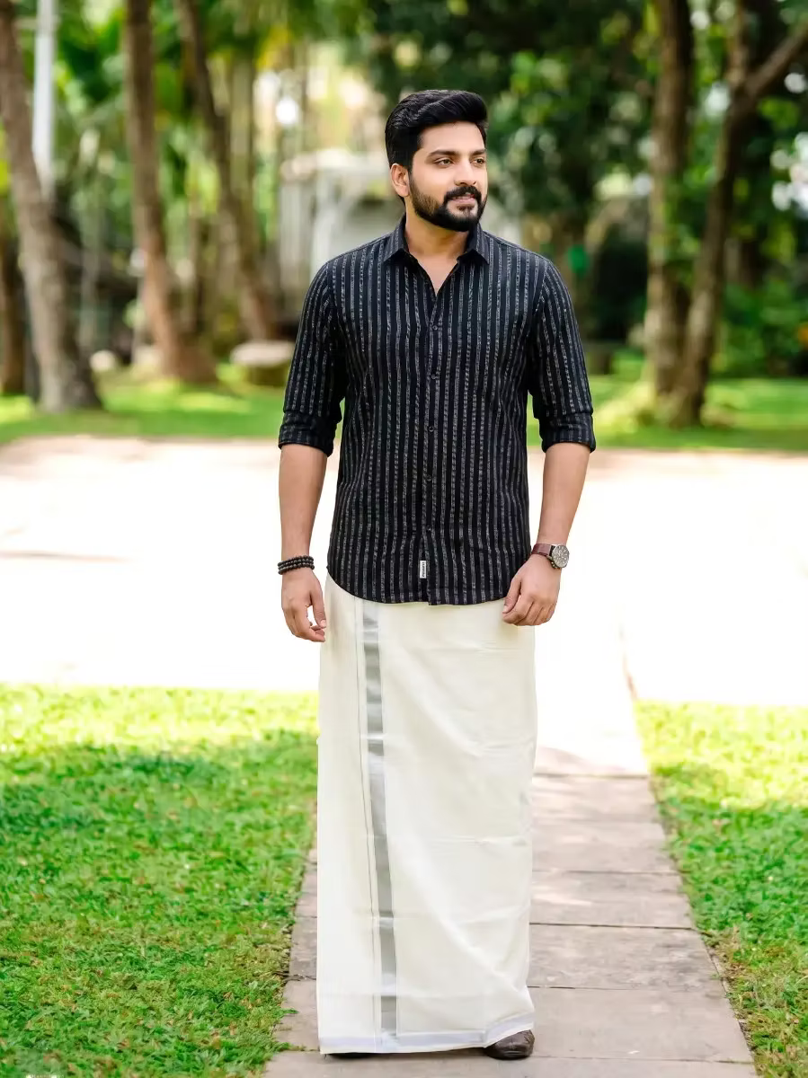 Black & Silver Flecha Cotton Shirt and Silver Kasavu Mundu Dhoti Combo
