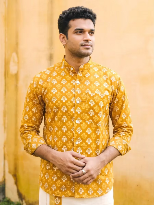 Mustard Yellow Classic Motif Ajrakh Shirt and Kasavu Mundu Dhoti Combo