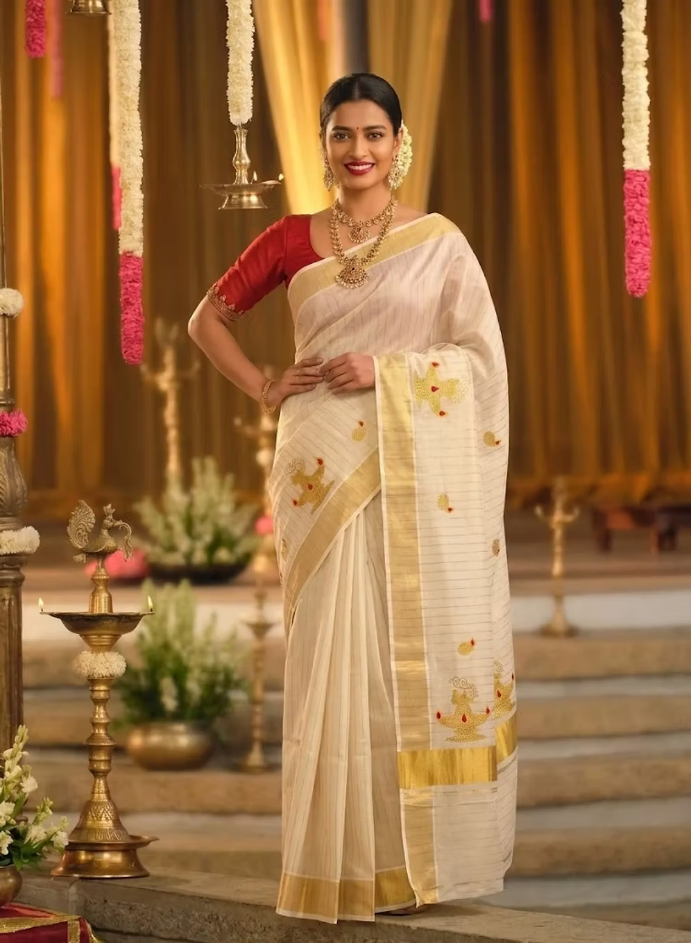 Nilavilakku Embroidery Striped Kerala Tissue Kasavu Saree with Blouse