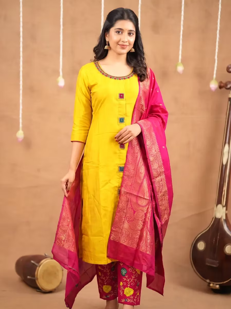Mustard Yellow Festive Kurta Set with Pink Banarasi Dupatta & Embroidered Pants