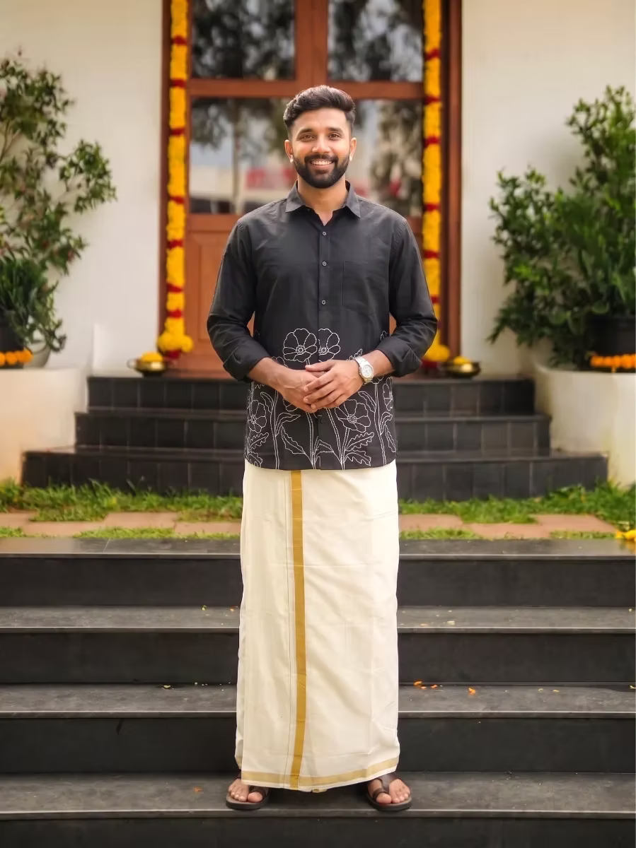 Black Vine Outline Cotton Shirt and Kasavu Mundu Dhoti Combo