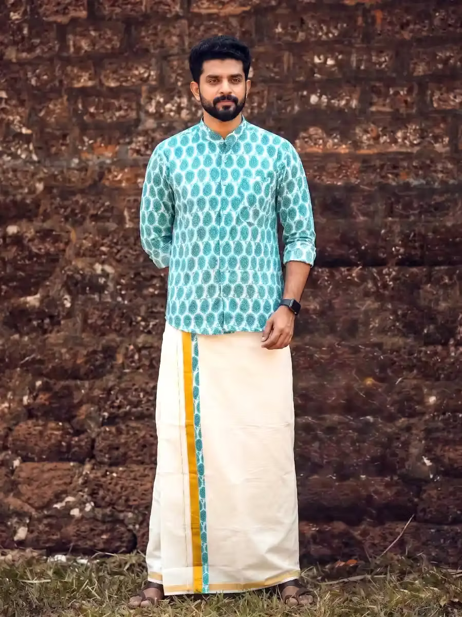 Turquoise Mango Ajrak Shirt &amp; Kasavu Mundu Dhoti Combo
