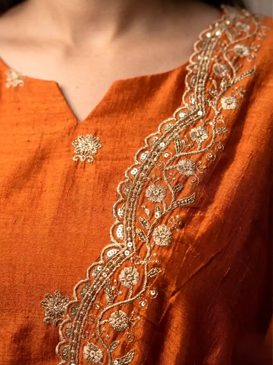 Rust Orange Embroidered Kurta Set with Scalloped Dupatta