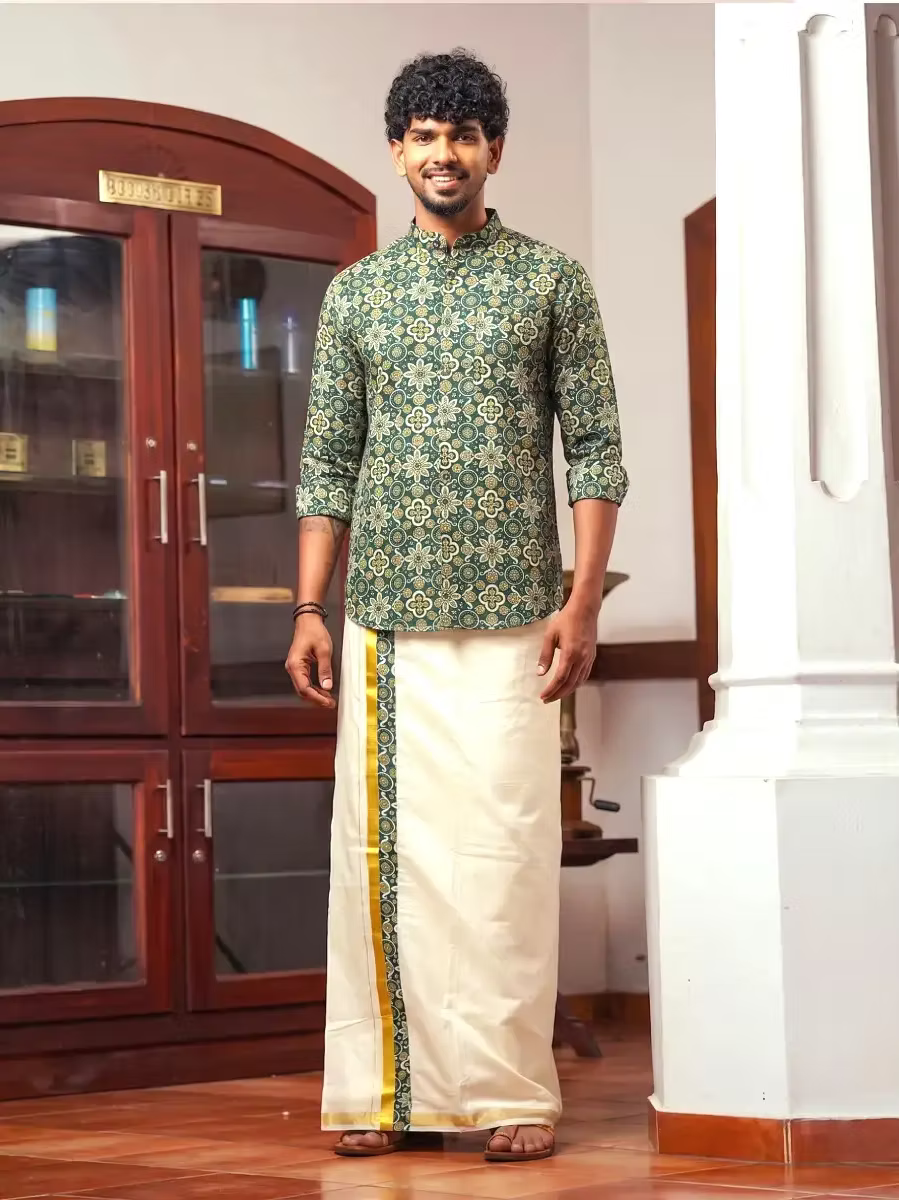 Deep Teal Regal Ajrak Shirt & Kasavu Mundu Dhoti Combo