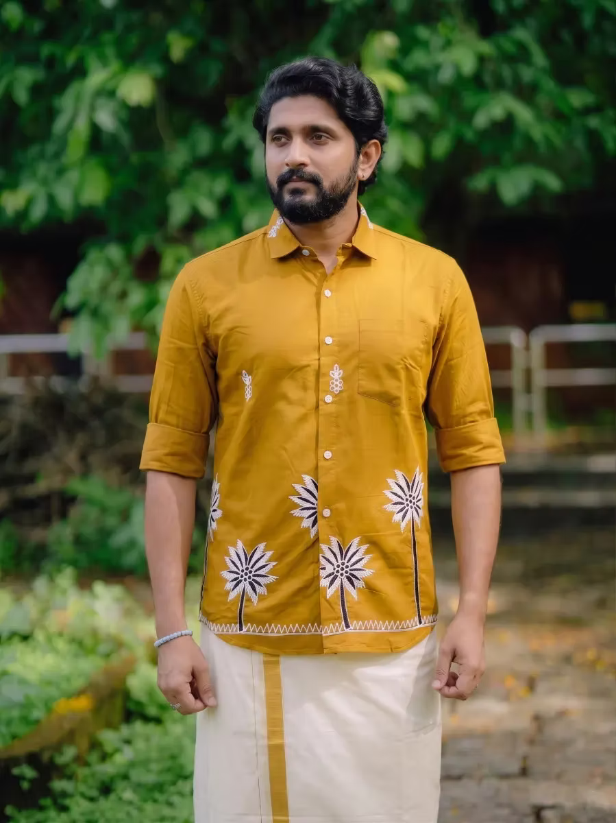 Golden Brown Embroidered Palm Motif Shirt & Kasavu Mundu Dhoti Combo