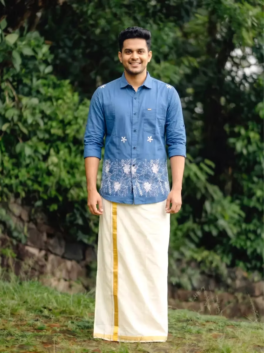 Blue Floral Vine Embroidered Cotton Shirt and Kasavu Mundu Dhoti Combo
