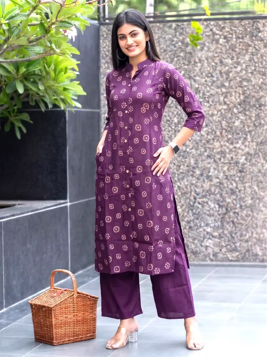 Purple Bandhani Print Straight Kurta & Bottom Set