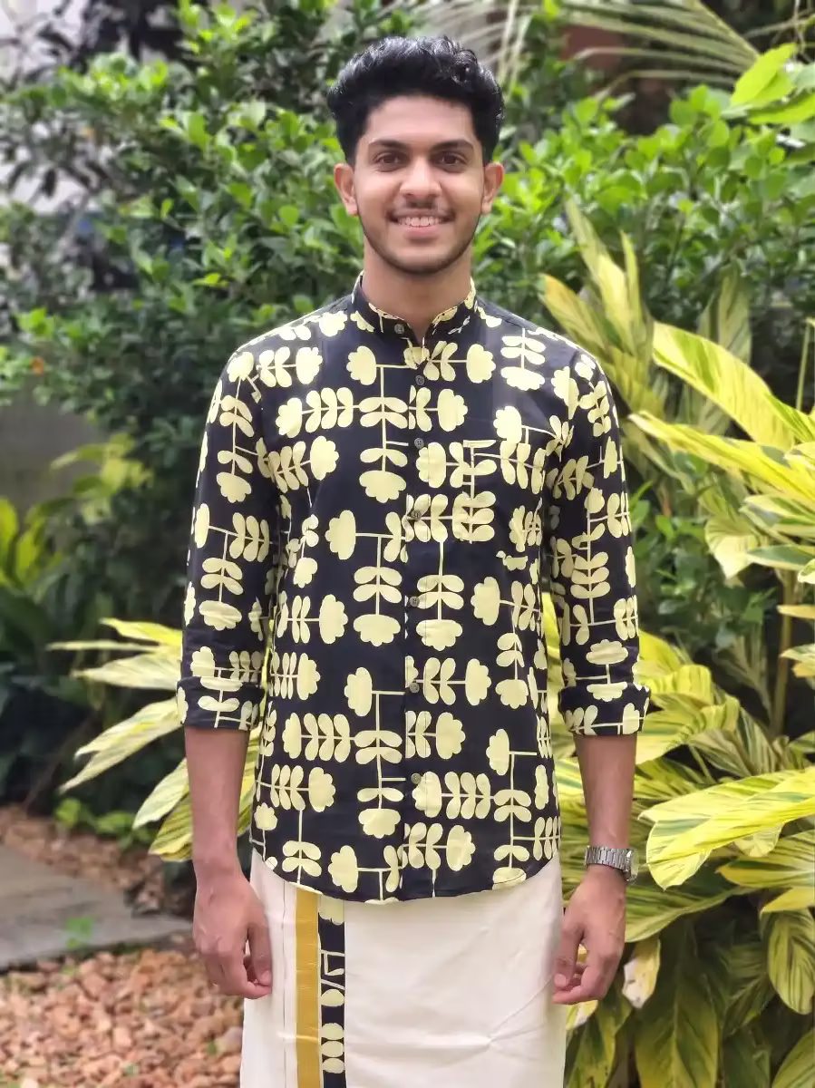 Black & Pastel Yellow Botanical Vine Ajrakh Shirt and Kasavu Mundu Dhoti Combo