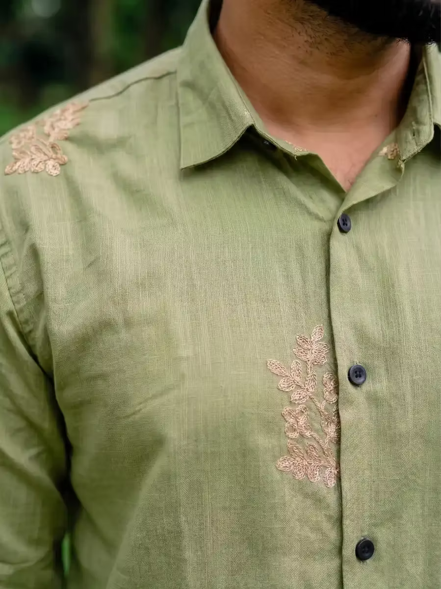 Sage Green Botanical Embroidered Cotton Shirt and Kasavu Mundu Dhoti Combo