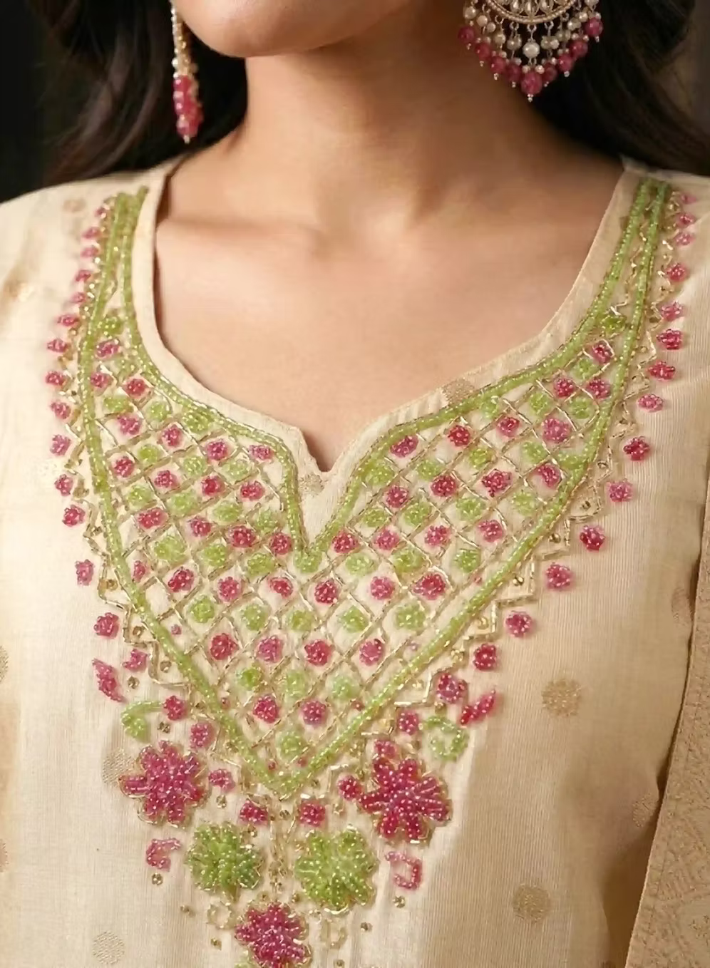 Cream Floral Silk Blend Kurta Set with Pants & Dupatta